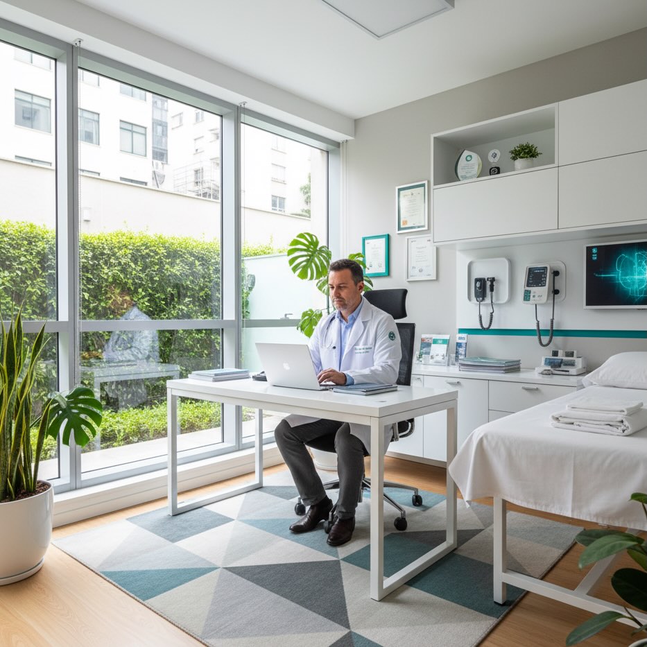 Médico em consultório moderno gerenciando agenda digitalmente