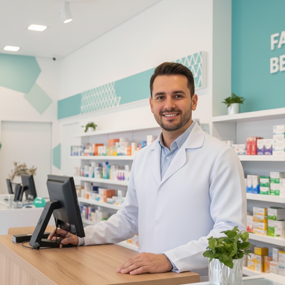 Paciente interagindo com farmacêutico em farmácia moderna
